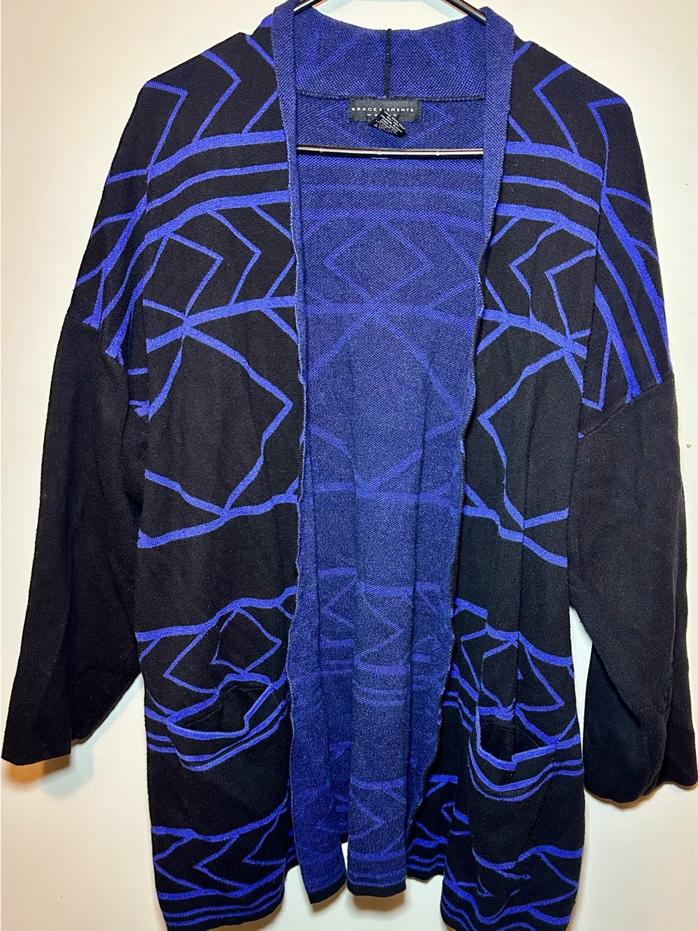 Grace Elements Black Blue Geometric Open Front Cardigan Sweater Size 3X